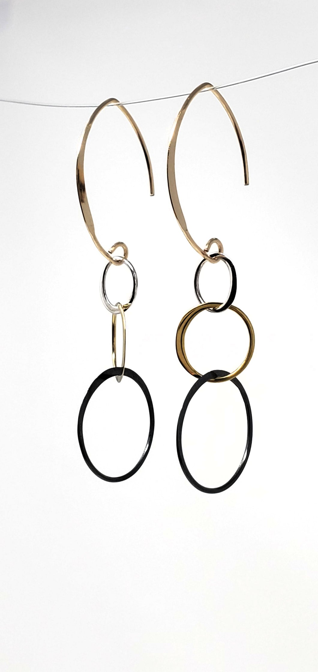 14k Gold Filled V Shaped Flat Earwire with a Sterling Silver Tri Color Half Hammered Circles