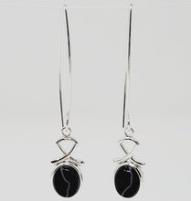 Load image into Gallery viewer, 10 x 8 Black Lace Agate Oval Cabochon Earrings mounted on a Sterling Silver Component made with an oversized Argentium Silver Ear Wire
