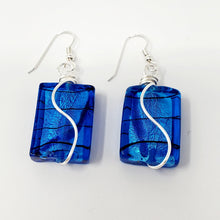 Load image into Gallery viewer, Blue Glass with Black Swirl Earrings wrapped in Fine Sliver with Argentium Silver Ear Wire
