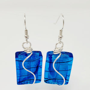 Blue Glass with Black Swirl Earrings wrapped in Fine Sliver with Argentium Silver Ear Wire