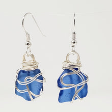 Load image into Gallery viewer, Genuine Blue Beach Glass Earrings made with Argentium Silver Ear wire wrapped in Silver
