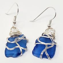 Load image into Gallery viewer, Genuine Blue Beach Glass Earrings made with Argentium Silver Ear wire wrapped in Silver
