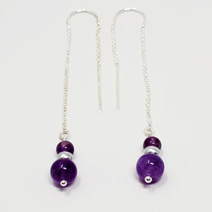 Sterling Silver U-Bar Threader Cable Earring with Amethyst and silver beads