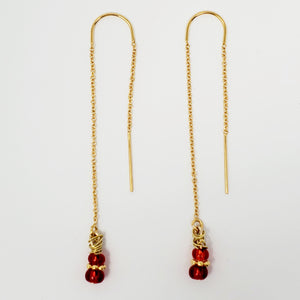 14k Gold-Filled U-Bar Threader Earrings with 2 Red Beads