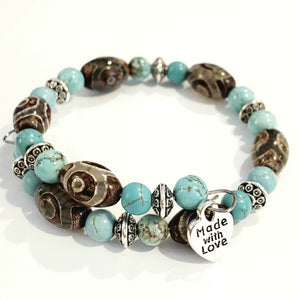 Turquoise, Brown and Silver Beaded Wire Bracelet-Designed by Tami