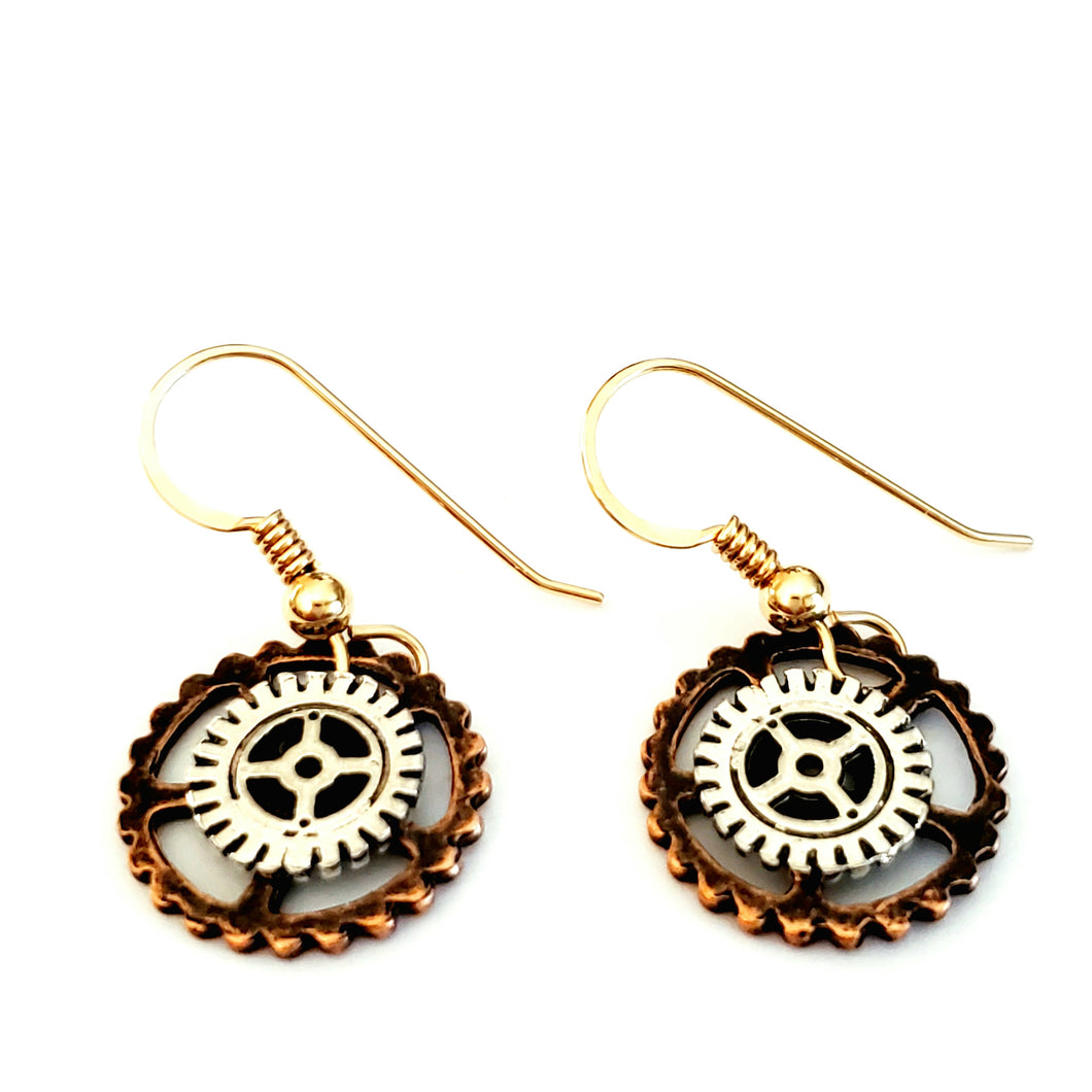 14k Gold Filled Flat Wire Earrings with Mixed Metal Gears