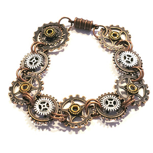 Mixed Metal Connected Gears Bracelet with Magnetic Clasp