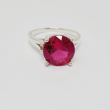 Load image into Gallery viewer, Sterling Silver Ring with a 10mm round, lab created, Ruby Faceted Stone
