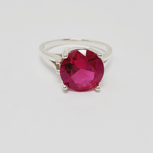 Sterling Silver Ring with a 10mm round, lab created, Ruby Faceted Stone