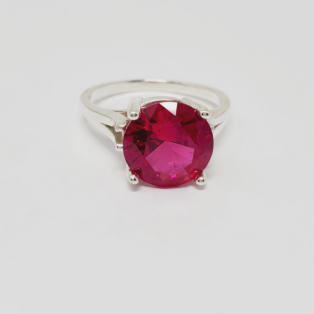 Sterling Silver Ring with a 10mm round, lab created, Ruby Faceted Stone