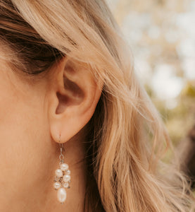 Sterling Silver Earrings with White Freshwater Cultured Pearls and Swarovski® faceted tapered Crystal Beads