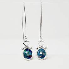 Load image into Gallery viewer, 10 x 8 Mosaic Opal Triplet Oval Cabochon Earrings mounted on a Sterling Silver Component made with an oversized Argentium Silver Ear Wire
