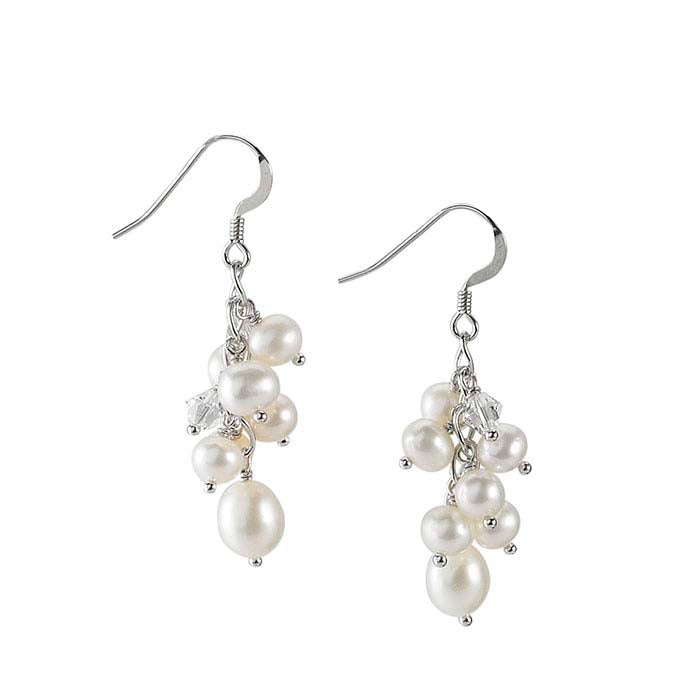 Sterling Silver Earrings with White Freshwater Cultured Pearls and Swarovski® faceted tapered Crystal Beads