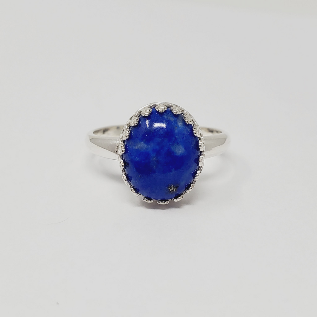 Size 8 Argentium Silver Ring with a 12 x 10 oval Denim Lapis Stone